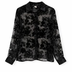 Tailor Black Sheer Burnout Velvet Floral Long Sleeve Blouse Sz Lg